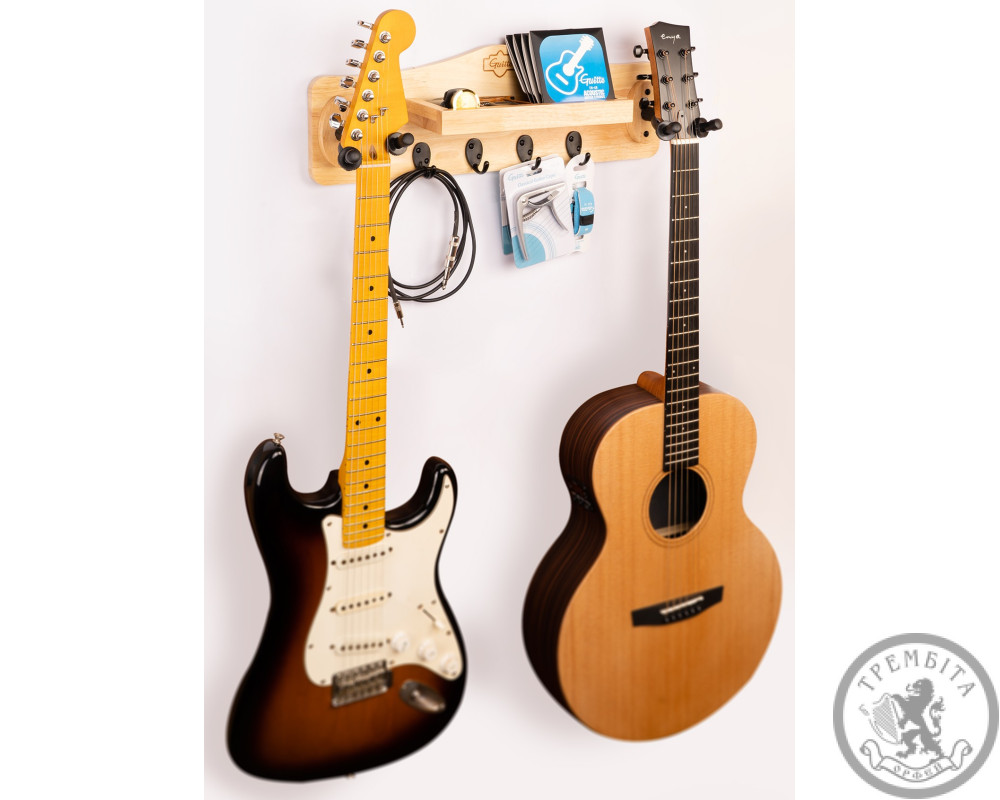 Багатофункціональне гітарне кріплення на стіну Guitto GGS-10 (для 2-х гітар, з полицею та вішаками)