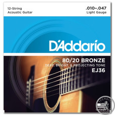 Струни для акустичної гітари D`ADDARIO EJ36 80/20 BRONZE LIGHT 12-STRING 10-4 Струни для акустичної гітари D`ADDARIO EJ36 80/20 BRONZE LIGHT 12-STRING 10-4